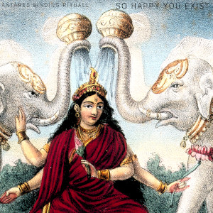 cover art for the track So Happy You Exist, it reads the band name and track title over an old image of Lakshmi anointed by elephants